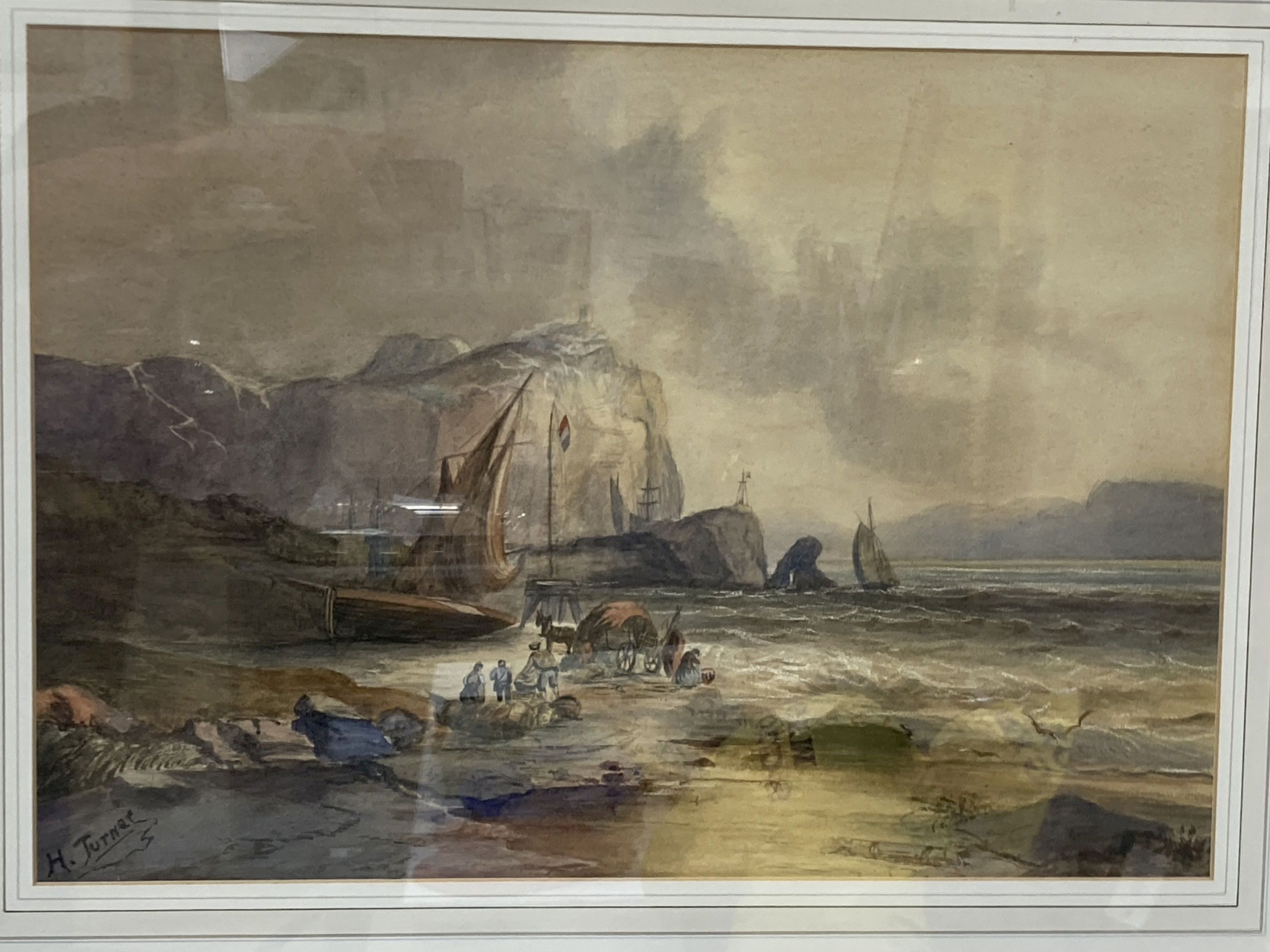 H. Turner (19th century), two watercolour, Fisherfolk on the shore, signed, and Paddle steamer at a Jetty, 39 x 55cm and 49 x 71cm